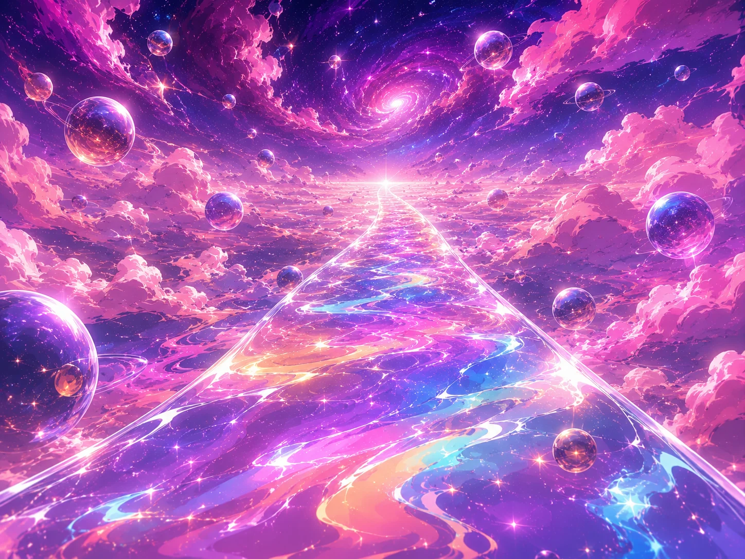 A luminous star road crossing a violet cosmic landscape